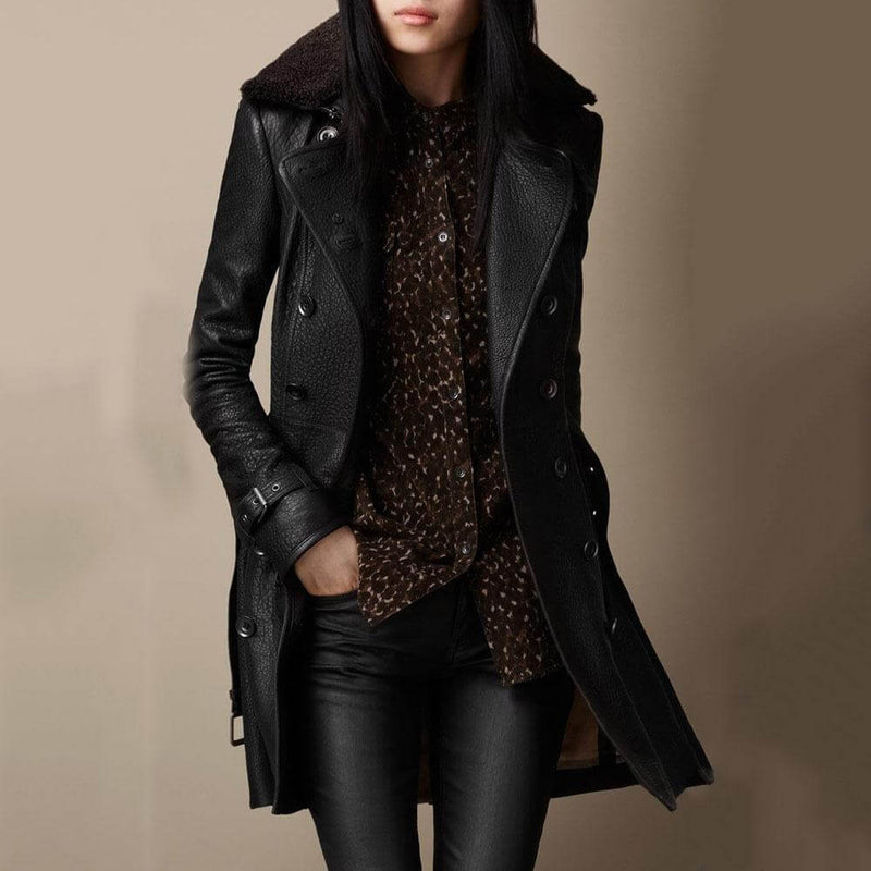 Zweireihiger Mantel für Damen | Mittellange Trench-Oberbekleidung mit Fellkragen