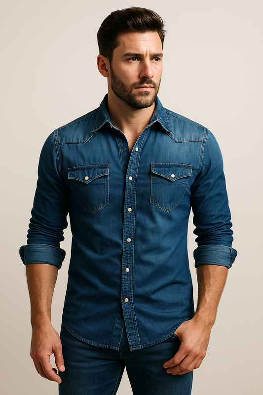 Langärmeliges Denim-Hemd für Herren | Knopfleiste