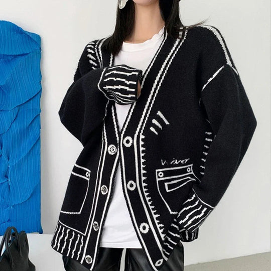 Damen Übergröße Strickjacke | Langärmliger Cardigan mit Knöpfen und Grafischem Gestaltung