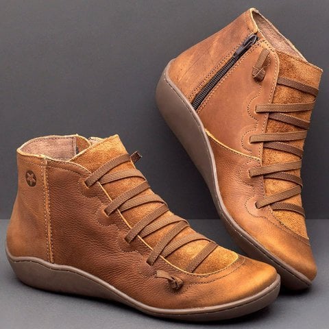Schnürung Stiefeletten für Damen | Seitenreißverschluss Flache Sohle Bootie