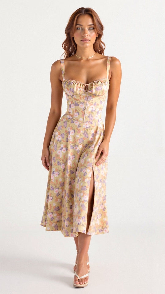 Damen Sweetheart Ausschnitt Blumen Kleid | Midi