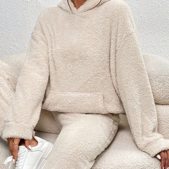 Damen Teddy Kapuzenpulli Loungewear-Set | Zweiteiliges Outfit mit Kapuze und Lange Hose