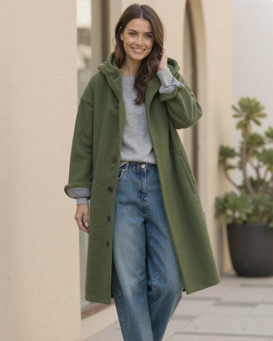 Kapuze Knopf Verschluss Langer Mantel für Damen | Überschnittene Schulter