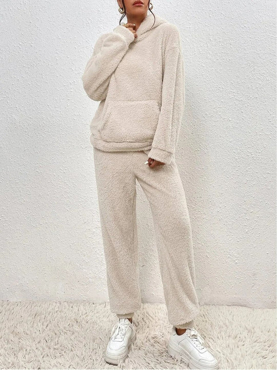 Damen Teddy Kapuzenpulli Loungewear-Set | Zweiteiliges Outfit mit Kapuze und Lange Hose
