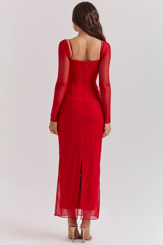 Tiefes Maxikleid mit langen Ärmeln für Damen | Schlanke Passform