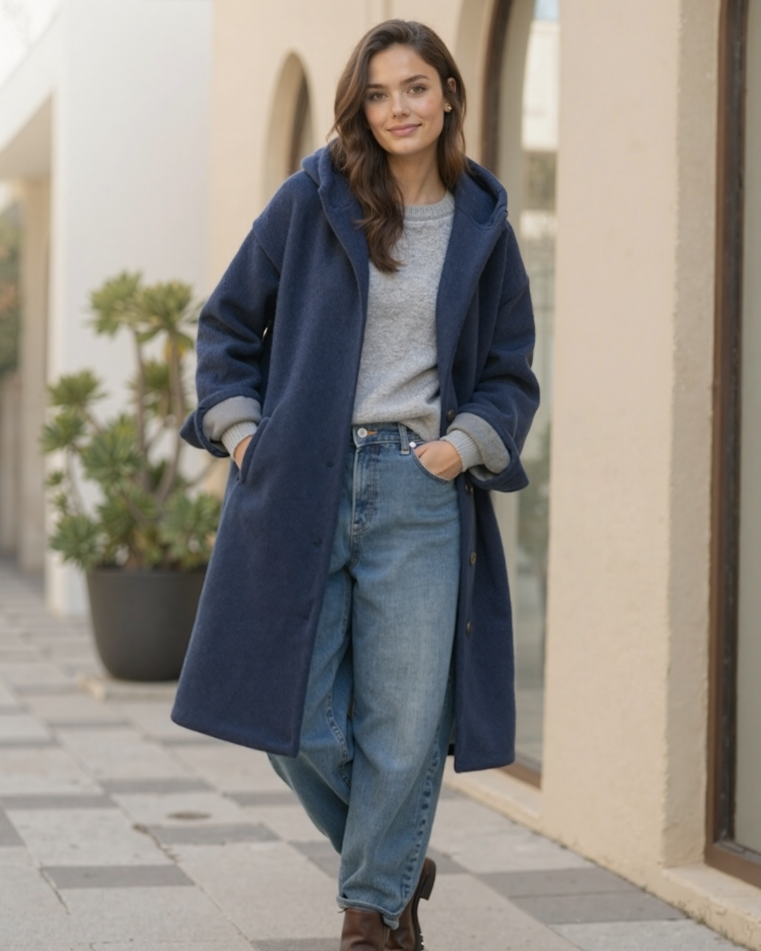 Kapuze Knopf Verschluss Langer Mantel für Damen | Überschnittene Schulter