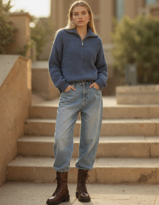 Halber Reißverschluss Stehkragen Pullover für Damen | Grobstrick