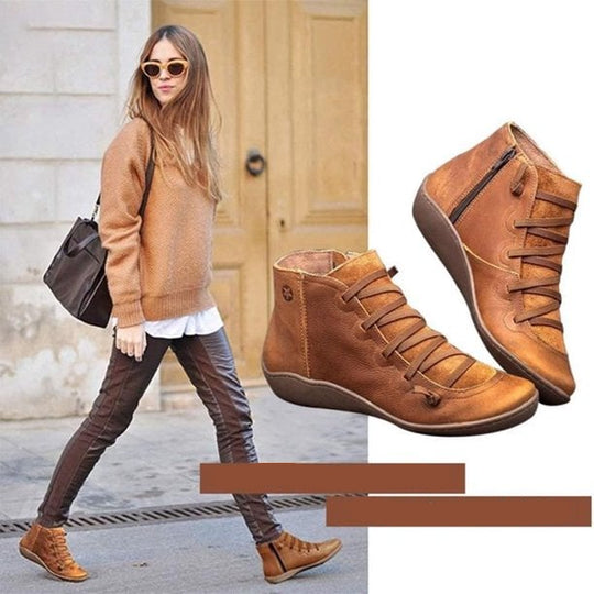 Schnürung Stiefeletten für Damen | Seitenreißverschluss Flache Sohle Bootie