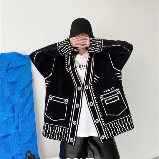 Damen Übergröße Strickjacke | Langärmliger Cardigan mit Knöpfen und Grafischem Gestaltung