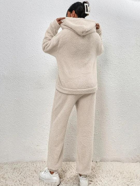 Damen Teddy Kapuzenpulli Loungewear-Set | Zweiteiliges Outfit mit Kapuze und Lange Hose