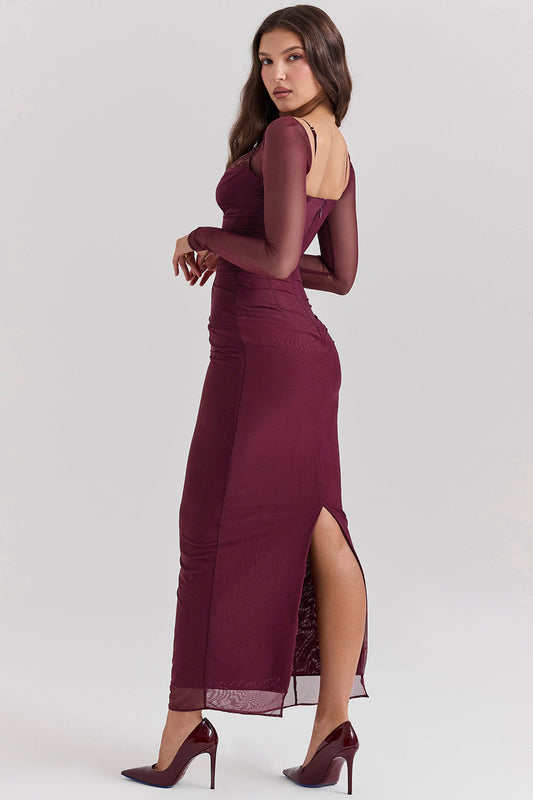 Tiefes Maxikleid mit langen Ärmeln für Damen | Schlanke Passform