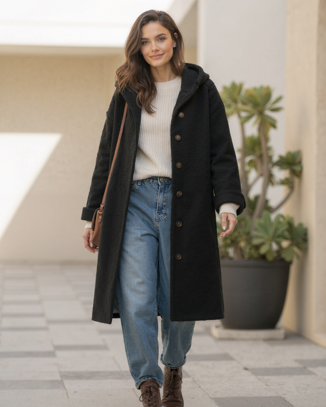 Kapuze Knopf Verschluss Langer Mantel für Damen | Überschnittene Schulter