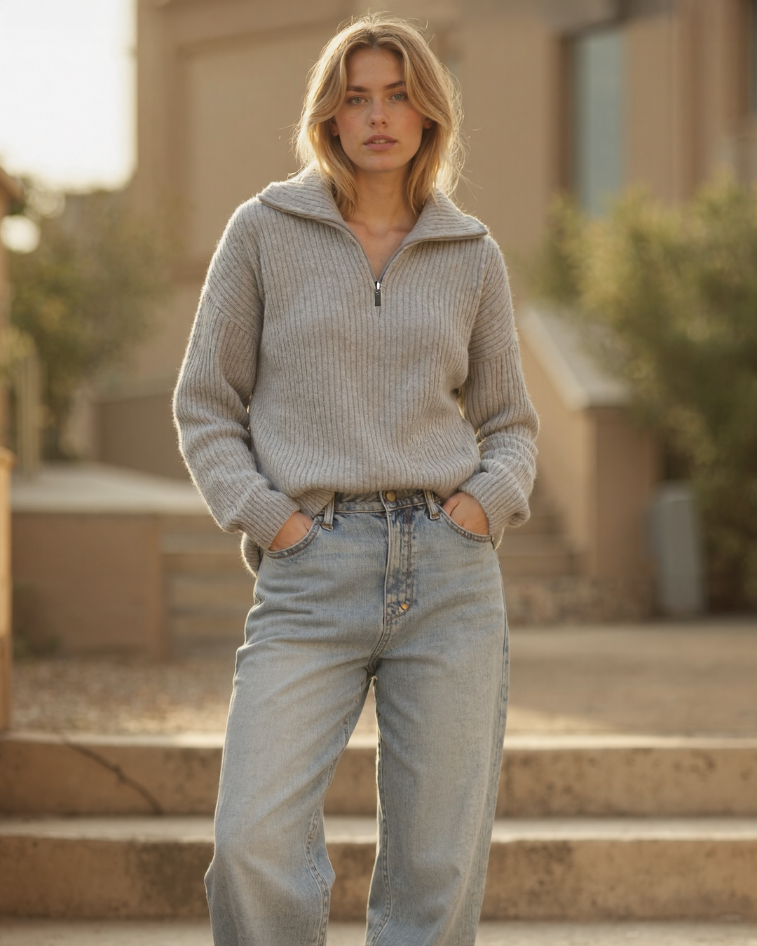 Halber Reißverschluss Stehkragen Pullover für Damen | Grobstrick