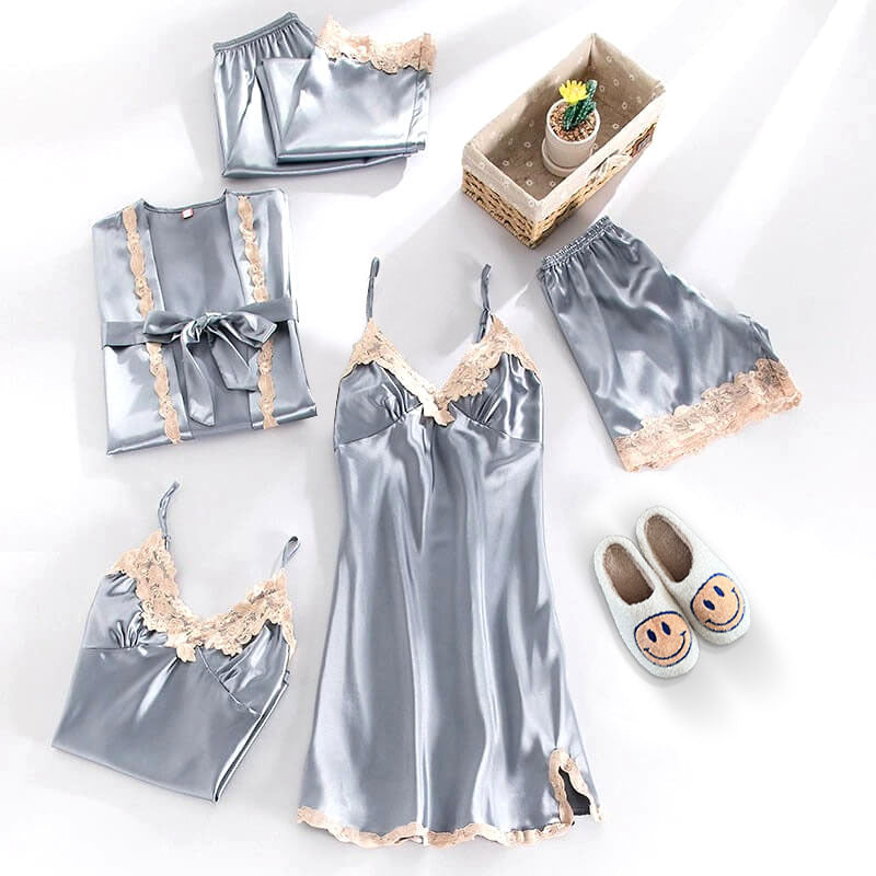 Satin-Nachtwäsche-Set mit Spitze für Damen | Fünfteiliges