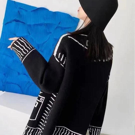 Damen Übergröße Strickjacke | Langärmliger Cardigan mit Knöpfen und Grafischem Gestaltung