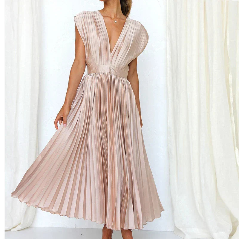 Damen V-Ausschnitt Maxikleid | Plissee