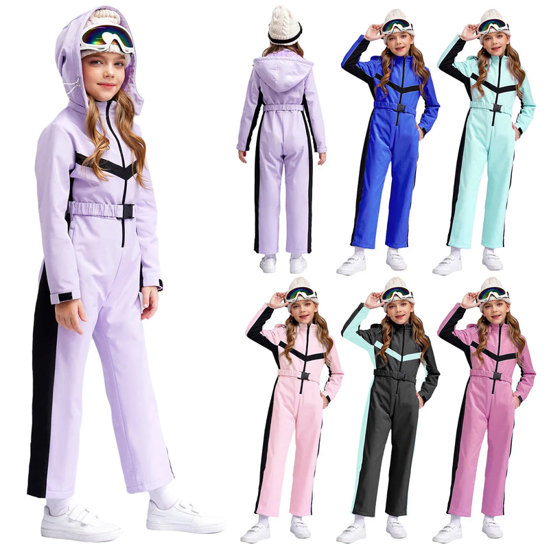 Kinder Skioverall für Mädchen | Einteiler Winteranzug mit Fleecefutter