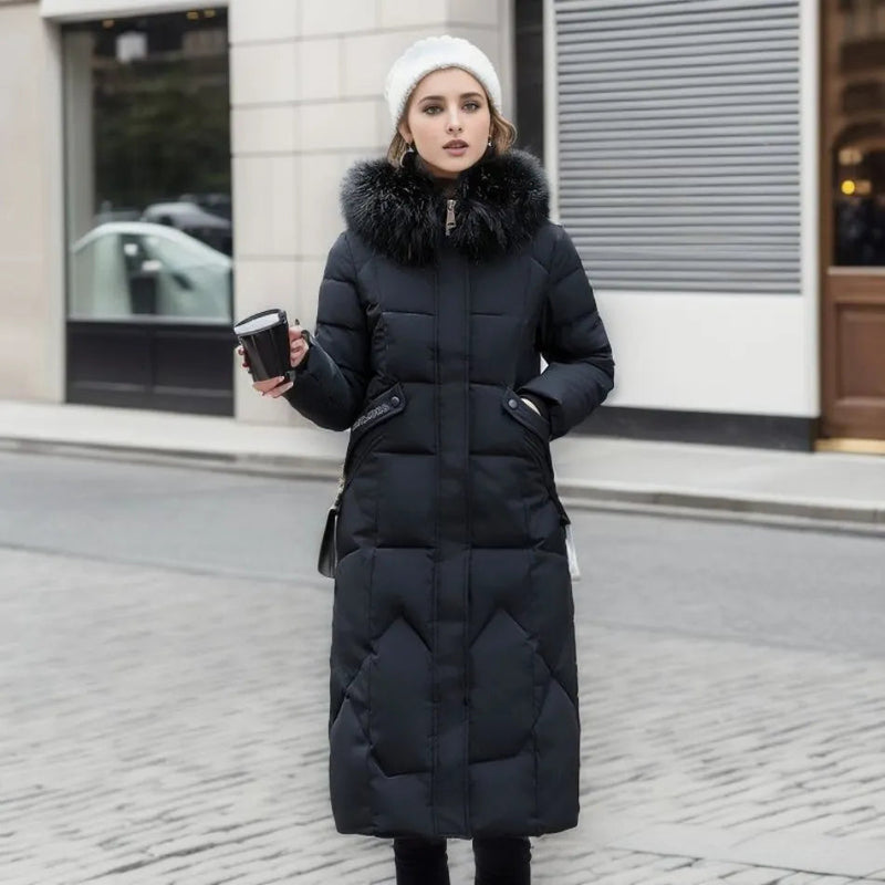 Langer Damen Winter-Parka | Dicker warmer Puffer mit Kunstpelz Kapuze