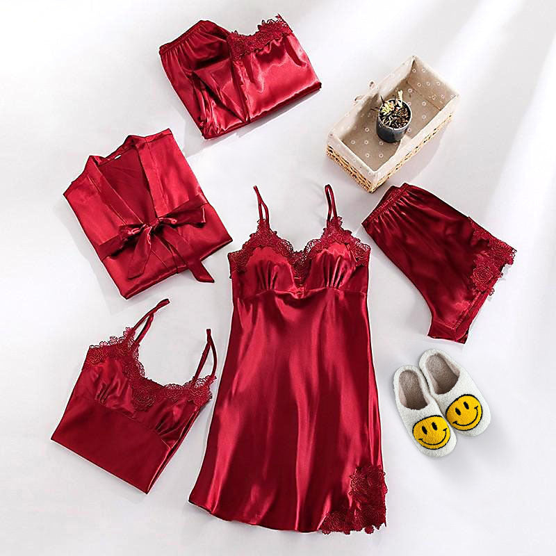 Satin-Nachtwäsche-Set mit Spitze für Damen | Fünfteiliges