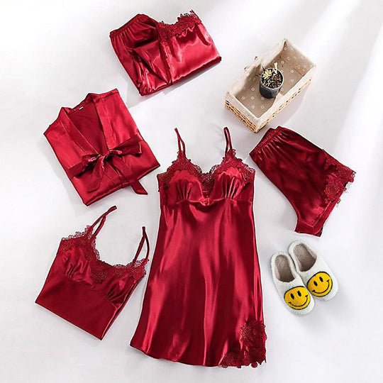 Satin-Nachtwäsche-Set mit Spitze für Damen | Fünfteiliges