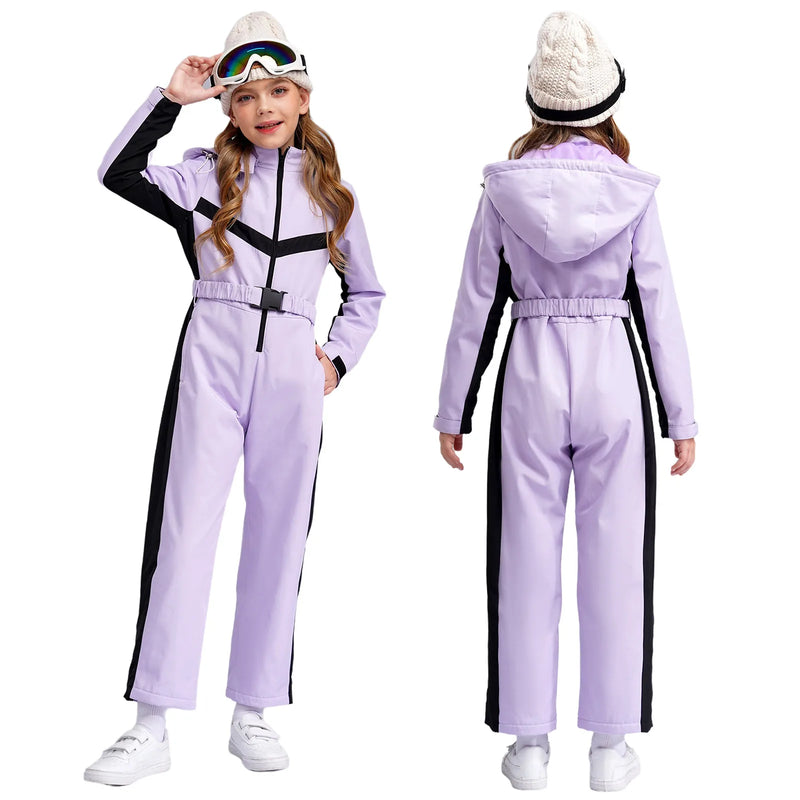 Kinder Skioverall für Mädchen | Einteiler Winteranzug mit Fleecefutter