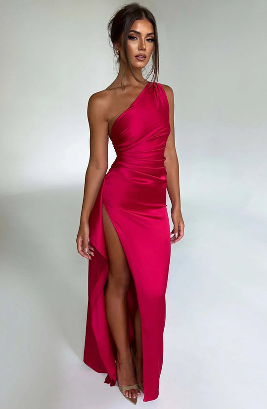 Damen Eine Schulter Satin Kleid | Maxi