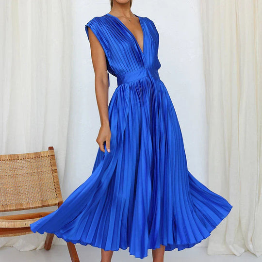 Damen V-Ausschnitt Maxikleid | Plissee