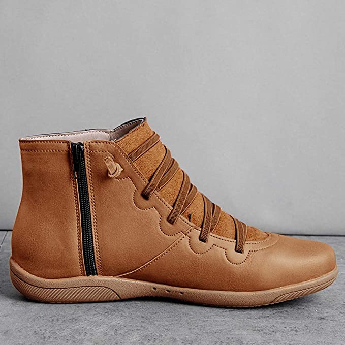 Schnürung Stiefeletten für Damen | Seitenreißverschluss Flache Sohle Bootie