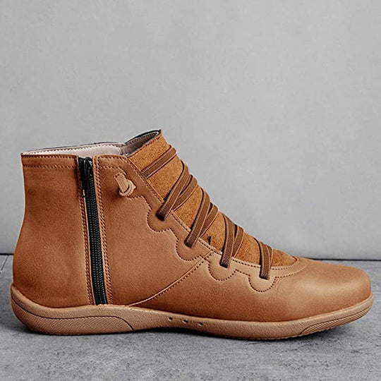 Schnürung Stiefeletten für Damen | Seitenreißverschluss Flache Sohle Bootie