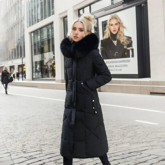 Langer Damen Winter-Parka | Dicker warmer Puffer mit Kunstpelz Kapuze