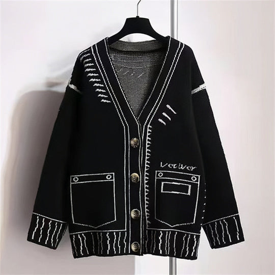 Damen Übergröße Strickjacke | Langärmliger Cardigan mit Knöpfen und Grafischem Gestaltung