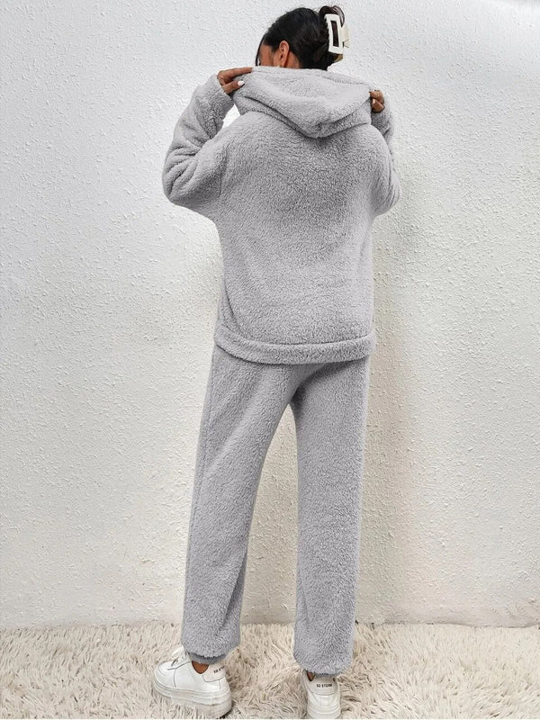 Damen Teddy Kapuzenpulli Loungewear-Set | Zweiteiliges Outfit mit Kapuze und Lange Hose