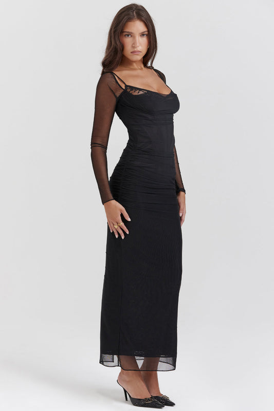 Tiefes Maxikleid mit langen Ärmeln für Damen | Schlanke Passform