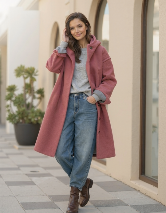 Kapuze Knopf Verschluss Langer Mantel für Damen | Überschnittene Schulter