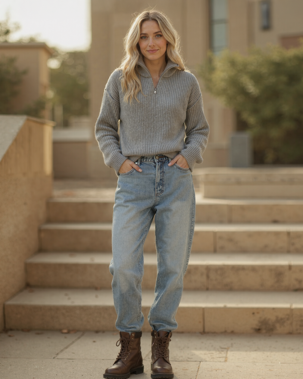 Halber Reißverschluss Stehkragen Pullover für Damen | Grobstrick