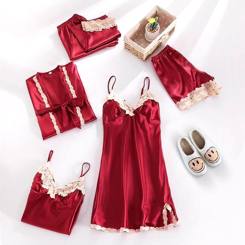 Satin-Nachtwäsche-Set mit Spitze für Damen | Fünfteiliges