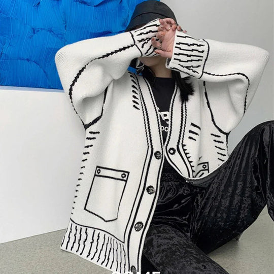 Damen Übergröße Strickjacke | Langärmliger Cardigan mit Knöpfen und Grafischem Gestaltung