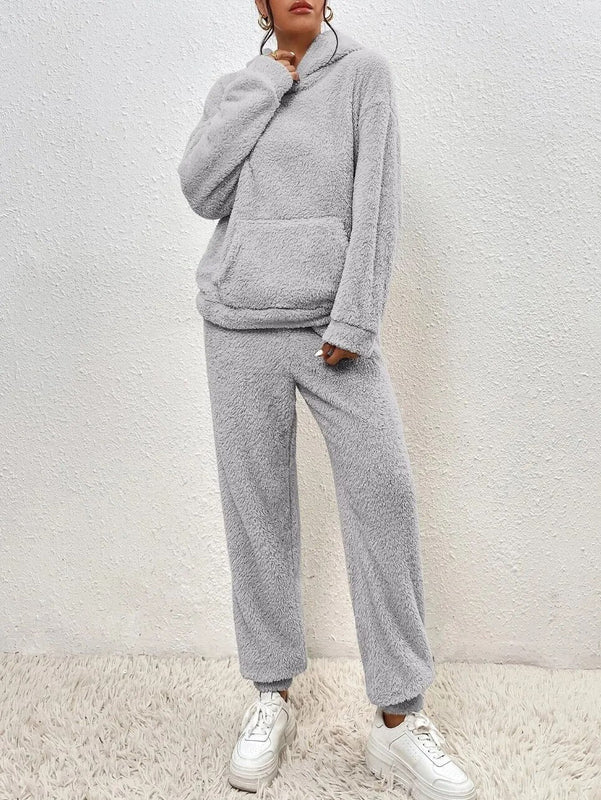 Damen Teddy Kapuzenpulli Loungewear-Set | Zweiteiliges Outfit mit Kapuze und Lange Hose