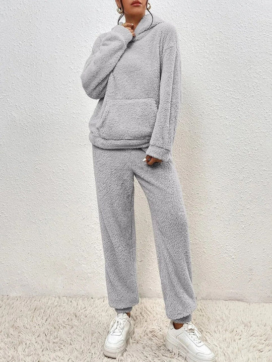 Damen Teddy Kapuzenpulli Loungewear-Set | Zweiteiliges Outfit mit Kapuze und Lange Hose