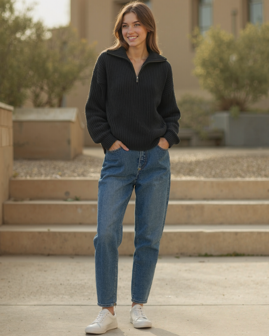 Halber Reißverschluss Stehkragen Pullover für Damen | Grobstrick