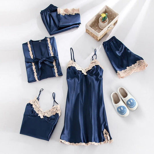 Satin-Nachtwäsche-Set mit Spitze für Damen | Fünfteiliges