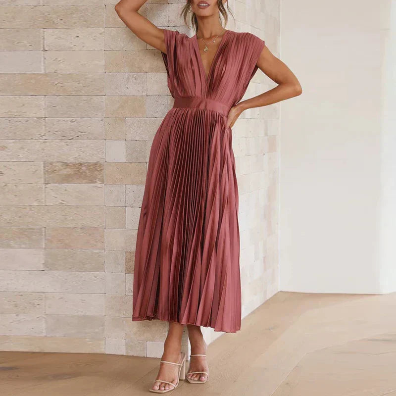 Damen V-Ausschnitt Maxikleid | Plissee