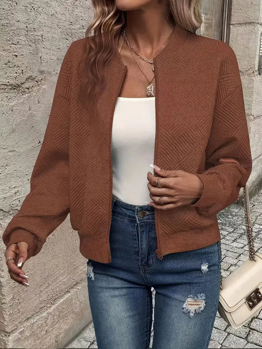 Texturierte Strickjacke mit Reißverschluss für Damen | Gerippter Saum und lange Ärmel