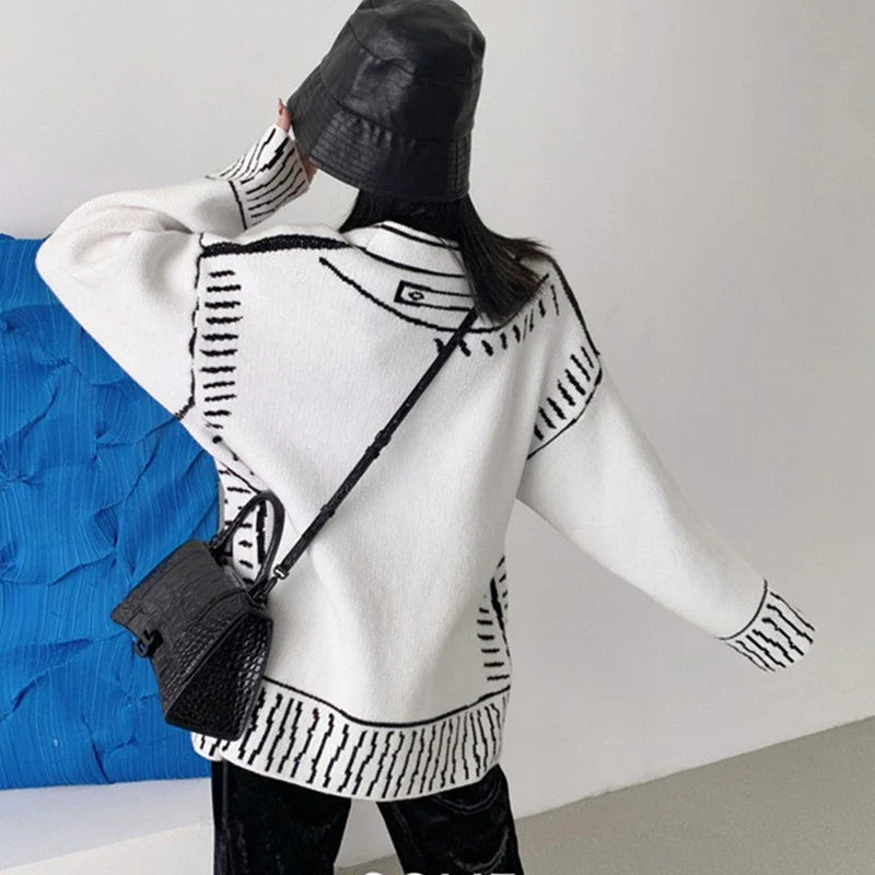 Damen Übergröße Strickjacke | Langärmliger Cardigan mit Knöpfen und Grafischem Gestaltung