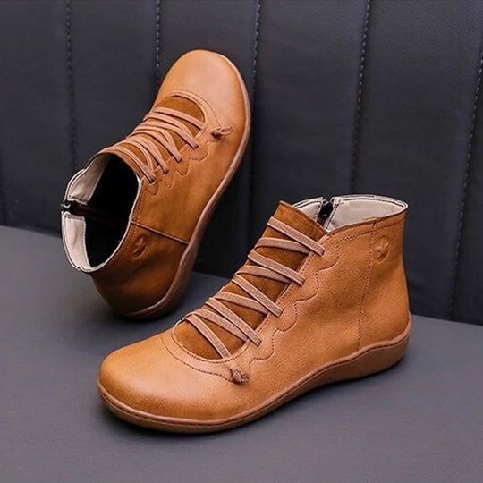 Schnürung Stiefeletten für Damen | Seitenreißverschluss Flache Sohle Bootie