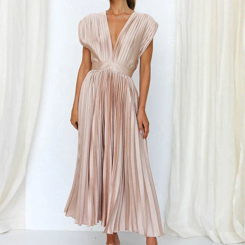 Damen V-Ausschnitt Maxikleid | Plissee