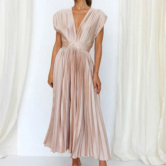 Damen V-Ausschnitt Maxikleid | Plissee