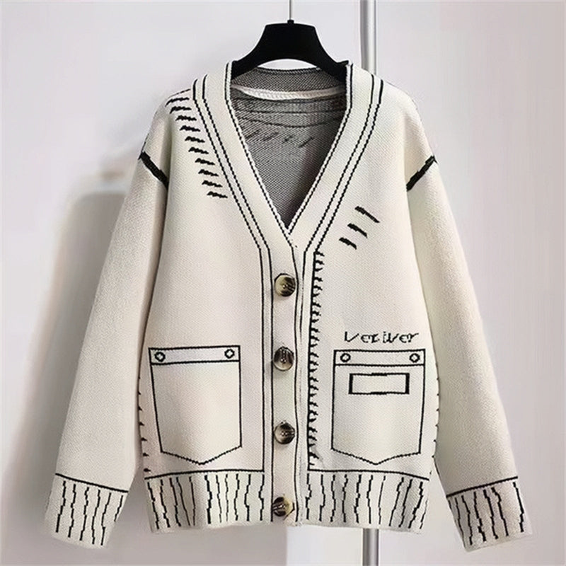 Damen Übergröße Strickjacke | Langärmliger Cardigan mit Knöpfen und Grafischem Gestaltung