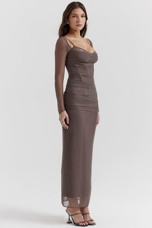 Tiefes Maxikleid mit langen Ärmeln für Damen | Schlanke Passform