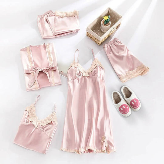 Satin-Nachtwäsche-Set mit Spitze für Damen | Fünfteiliges